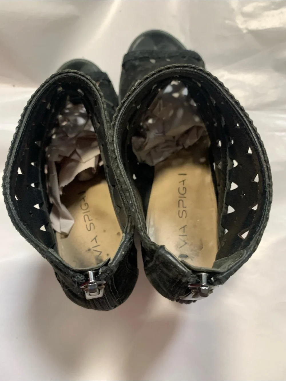 Black Laser-Cut Suede Peep-Toe Wedge Sandals size 7